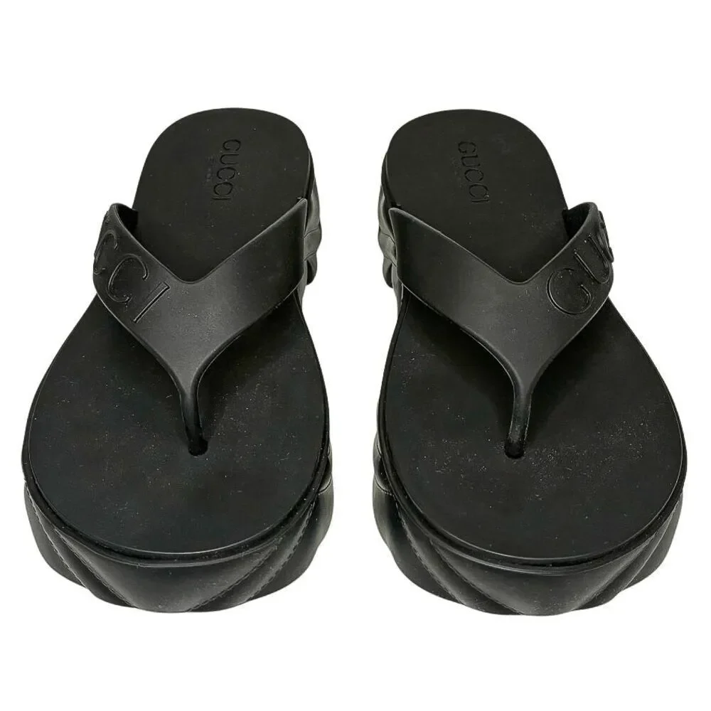 Gucci Rubber Chevron Logo Platform Thong Sandals Black Size 37 Box & Dust Bag - Picture 2 of 13